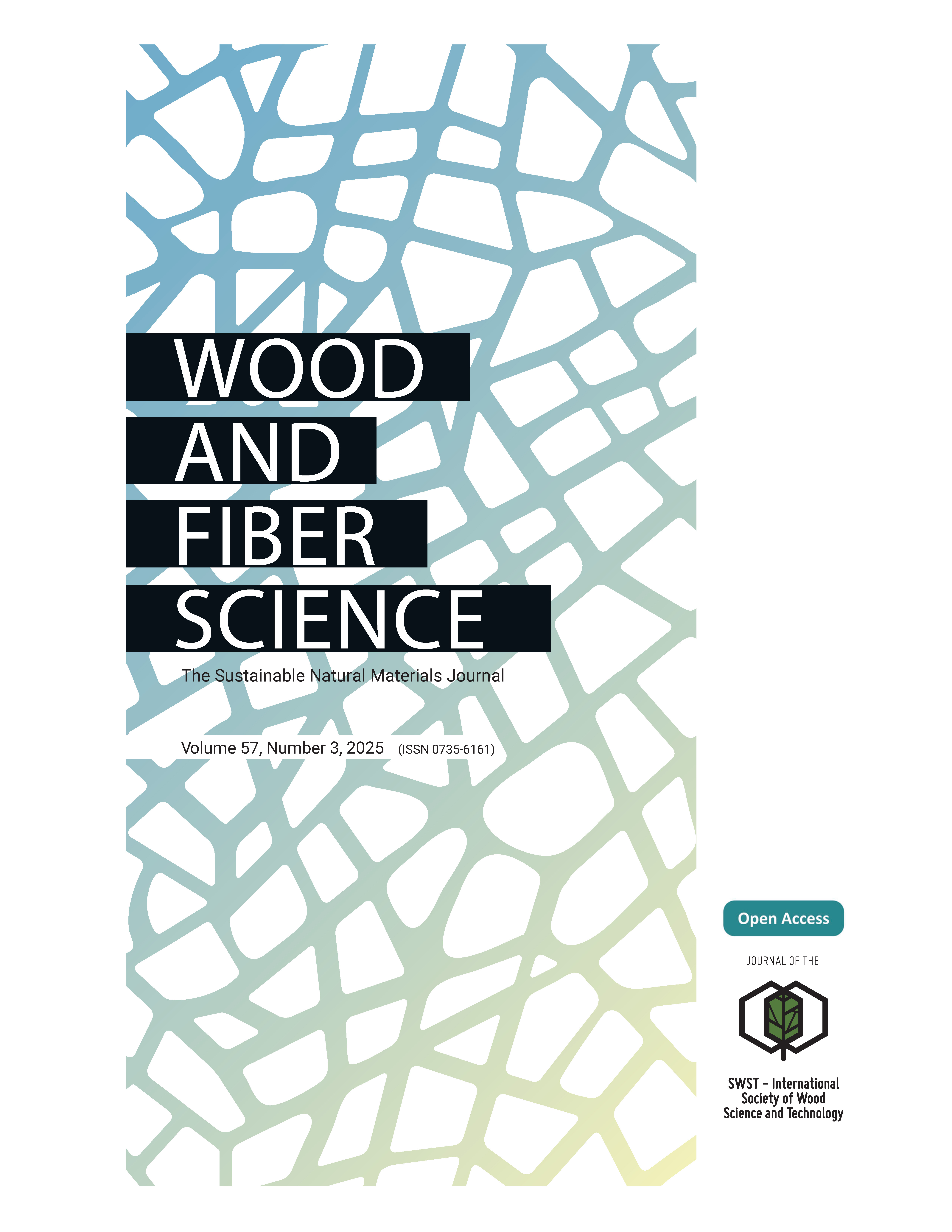 Wood and Fiber Science title superimposed over an abstract design evoking a mesh pattern of interconnected wood cells in a gradient of blue, green, and yellow