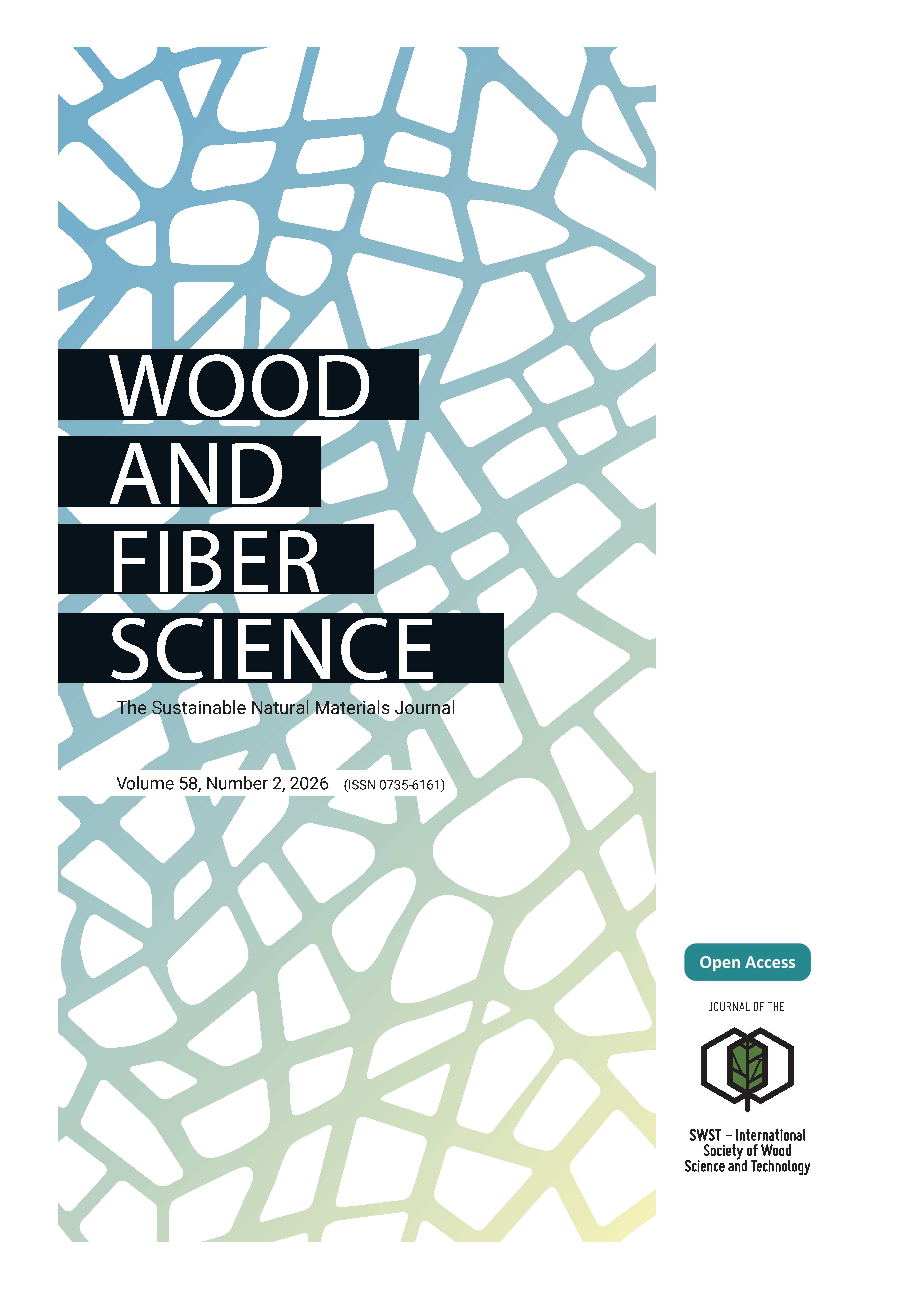 Wood and Fiber Science title superimposed over an abstract design evoking a mesh pattern of interconnected wood cells in a gradient of blue, green, and yellow